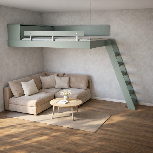 Patrová postel, rohová, zavěšená s peřiňákem